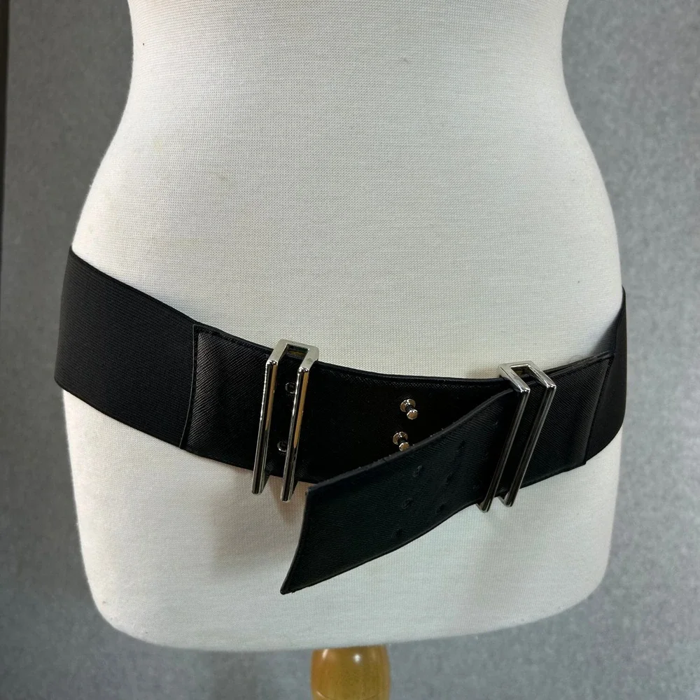 WCM New York Womens‎ Black Wide Belt Elastic Silver Buckle Statement Size L / XL